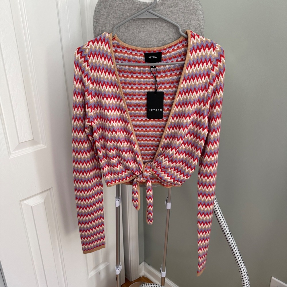 HEYSON Chevron Knit Cardigan L Tie Front Cropped Boho Retro 70s Style NWT